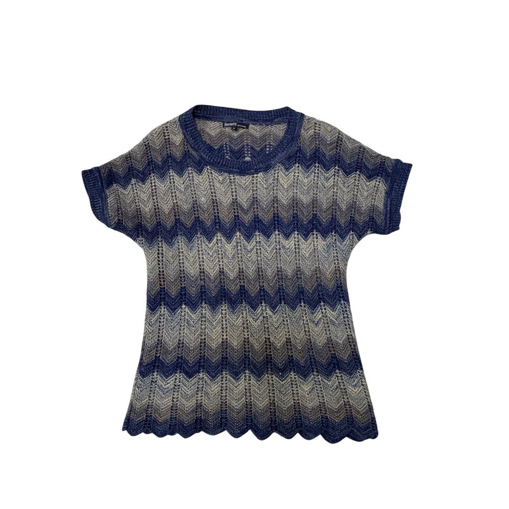 Vintage Berretti Italy Chevron Zigzag Knit Top Wool Blend Blue Gray